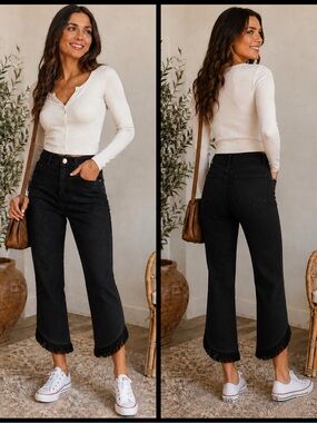 FRAME Jeans Black Denim Le High Straight High-Rise Cropped w/Frayed-Fringe Hem